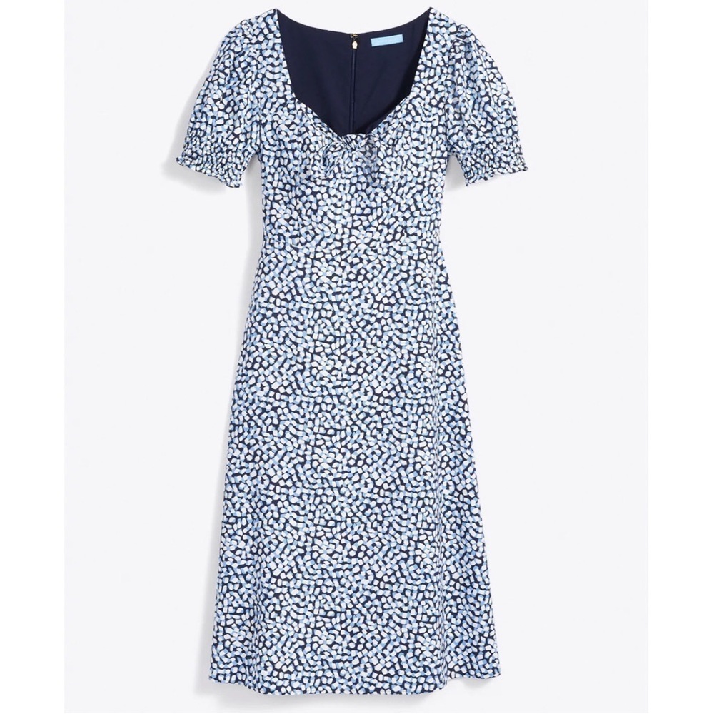 Draper James Patsy Dress Square Geo Smocked Puff Sleeve A-Line Sweetheart Neck
